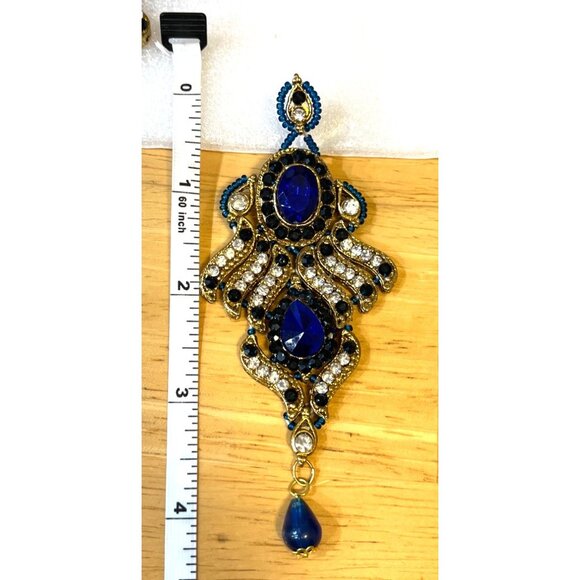 Gold & Blue Crystal Bib Necklace With Matching Chandelier Earrings Bridal - Picture 14 of 16